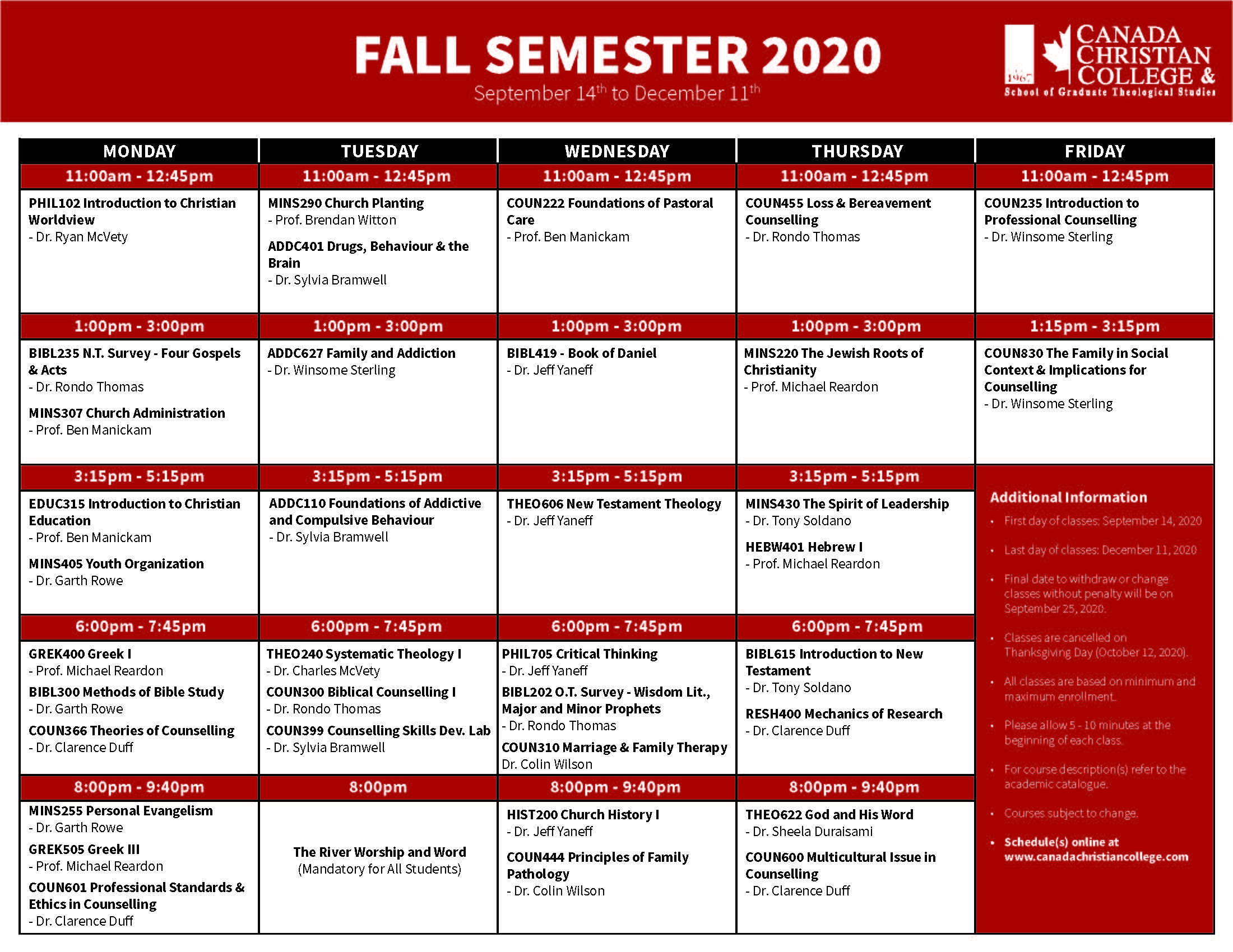 Fall Semester 2020 Canada Christian College