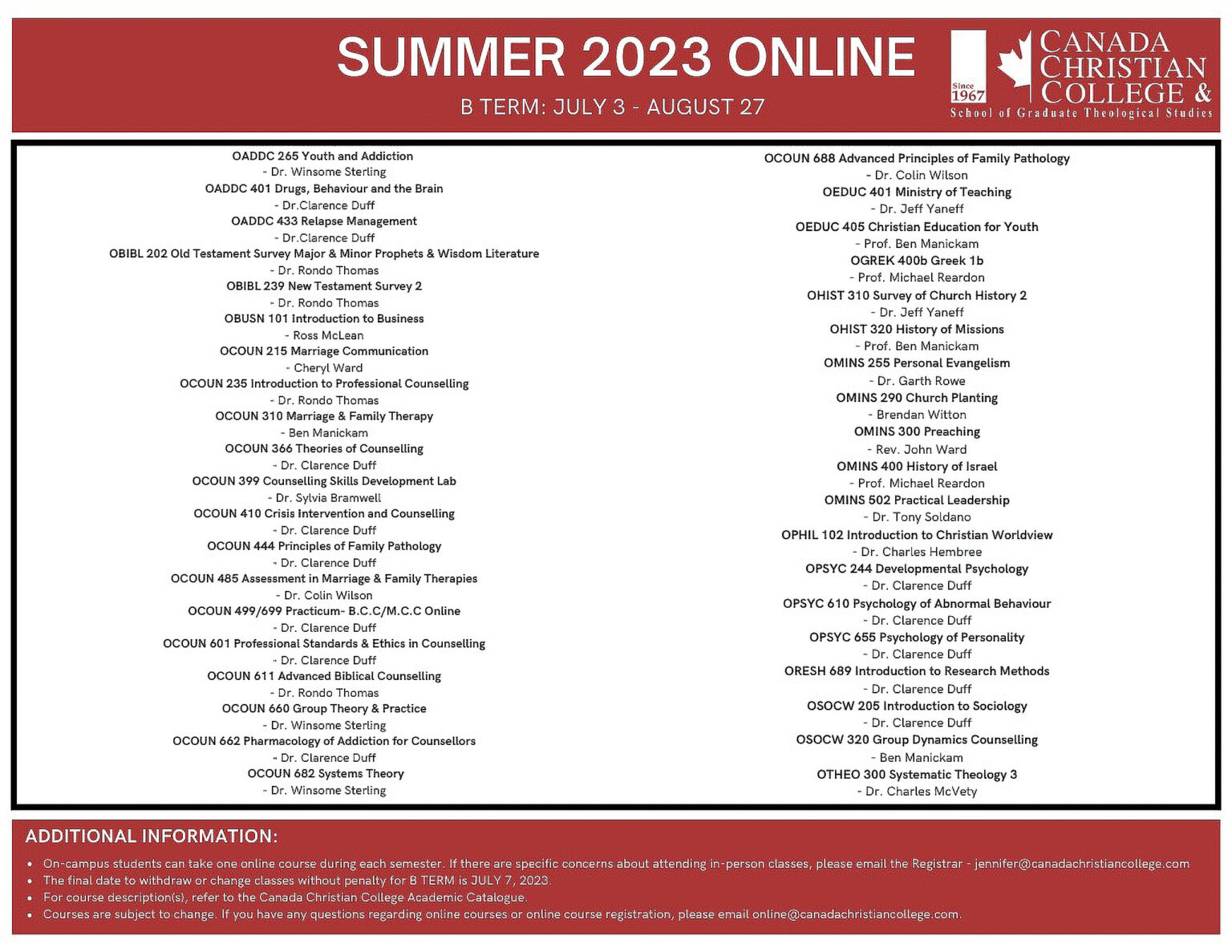 Academic Calendars Online Canada Christian College Canada
