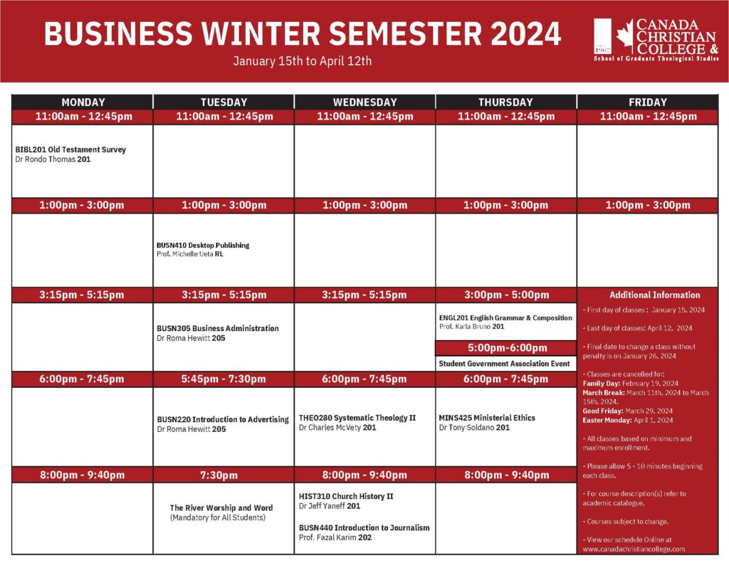 Academic Calendars, Canada Christian College