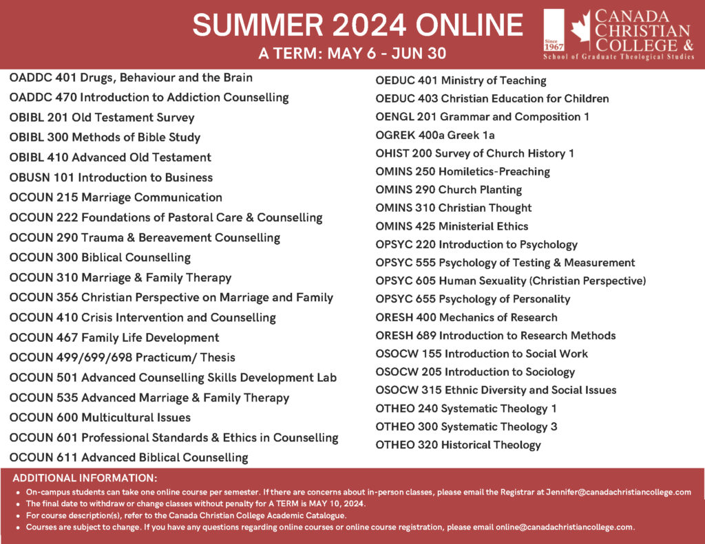Summer 2024 A Term ONLINE Calendar Canada Christian College