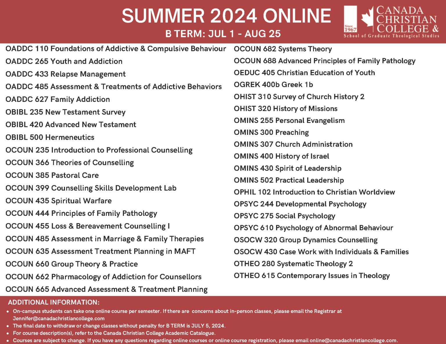 Summer 2024 B Term ONLINE Calendar Canada Christian College