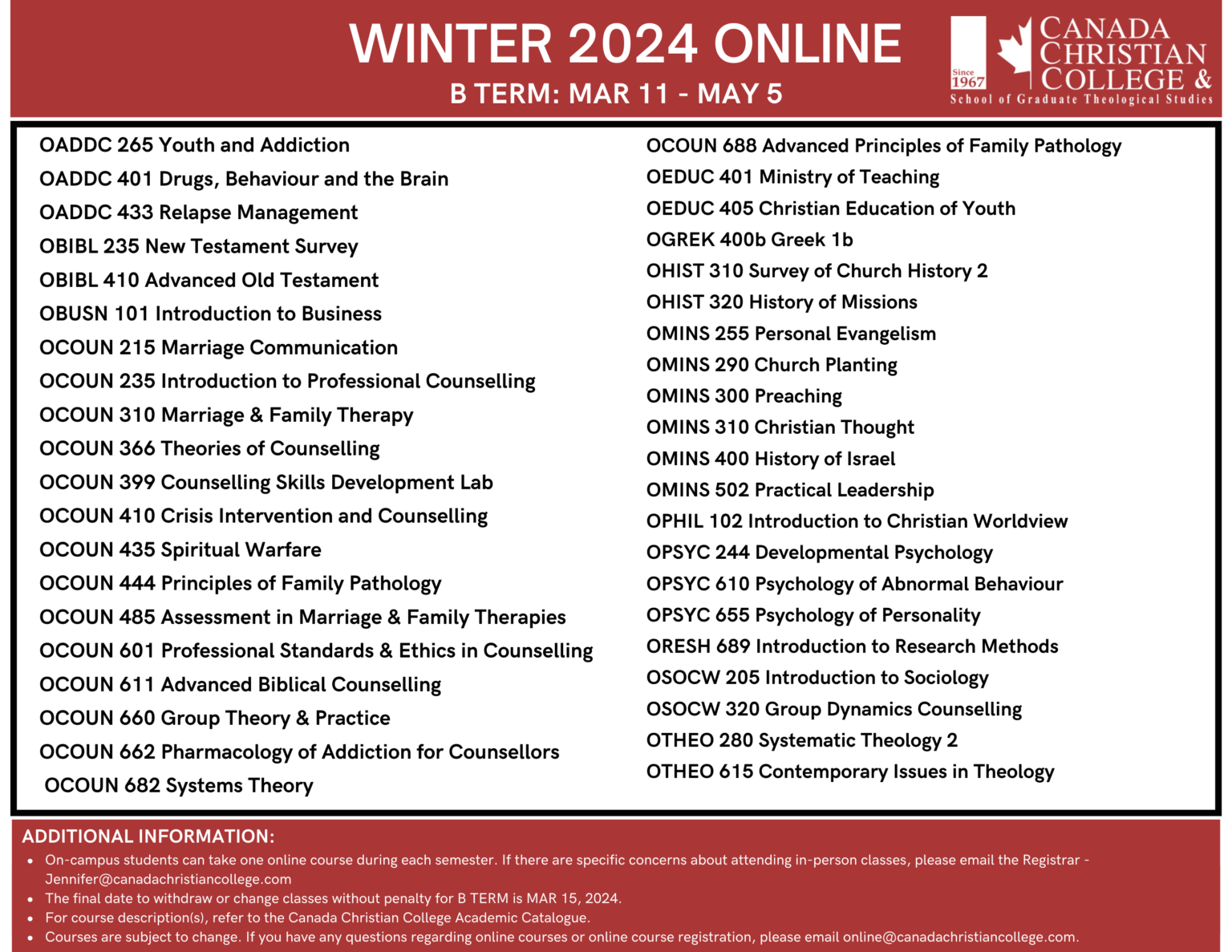 Winter 2024 B Term ONLINE Calendar Canada Christian College